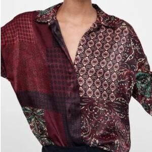 Zara SZ S Red Green Holiday Blouse Button Down Top